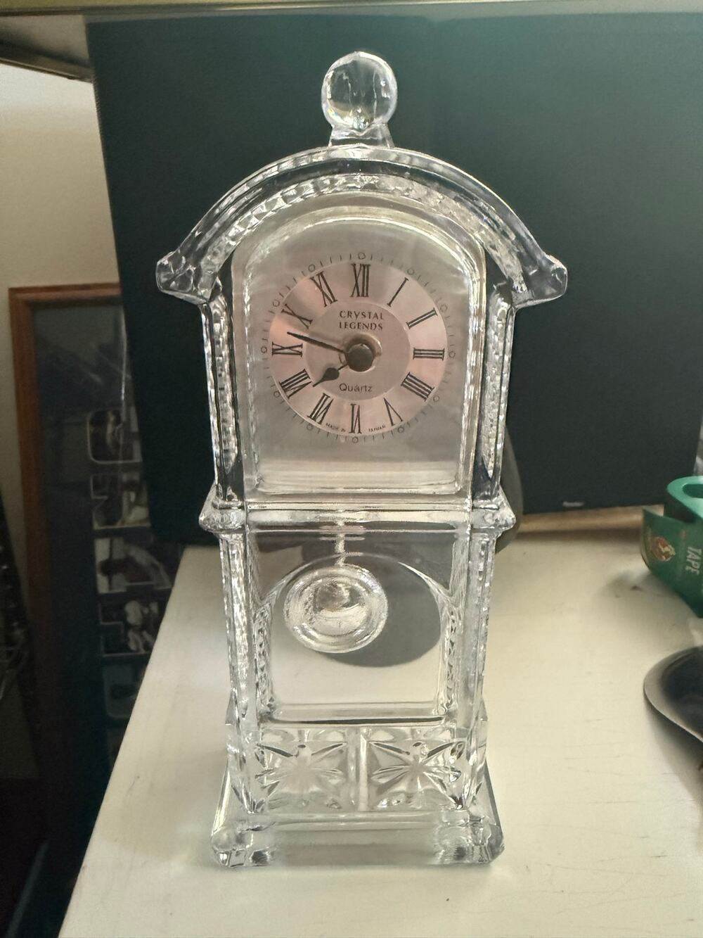 Crystal Legends Small Glass Tabletop Grandfather Clock Quartz & 24% Lead Crystal